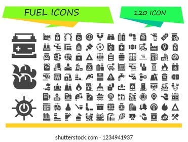 Vector icons pack of 120 filled fuel icons. Simple modern icons about  - Battery, Solar energy, Fire, Factory, Rigging, Charcoal, Speedometer, Pipe, Trunk, Pipes, Helicopter, Barrel, Gas station