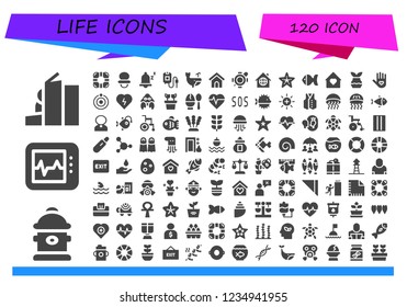Vector icons pack of 120 filled life icons. Simple modern icons about  - Homeless, Hydrant, Electrocardiogram, Lifesaver, Dummy, Snooze, Blood bag, Whale, Dog house, Turtle, Home, Starfish