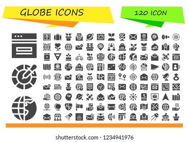 Vector icons pack of 120 filled globe icons. Simple modern icons about  - Web, Earth globe, Color, Gps, Travel bag, Plant, Email, Planet, Map, Growing plant, Global, Solar system, Network