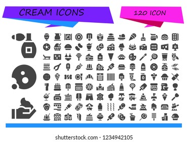 Vector icons pack of 120 filled cream icons. Simple modern icons about  - Perfume, Cream, Cookie, Sundae, Jug, Candy, Donut, Popsicle, Fries, Cake, Cakes, Ice cream, Cake pop, Pie, Biscuit