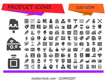 Vector icons pack of 120 filled product icons. Simple modern icons about  - Ice cream, Fragance, Cheese, Grocery, QR, Package, Milk, Tinned food, Popsicle, Sausage, Sausages, Lipstick, Drumsticks