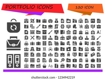 Vector icons pack of 120 filled portfolio icons. Simple modern icons about  - Bag, Documentation, Briefcase, Folder, Design, Suitcase, File, Luggage, Document, Portfolio, Graphic design