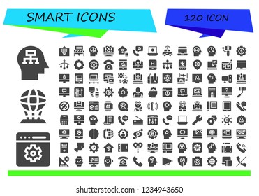 Vector icons pack of 120 filled smart icons. Simple modern icons about  - Mind, Setting, Hologram, Communication, Artificial intelligence, Smart home, Phone call, Laptop, Autonomous car