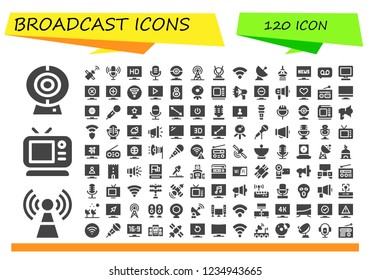 Vector icons pack of 120 filled broadcast icons. Simple modern icons about  - Cam, Signal, Tv, Satellite, Microphone, Television, Webcam, Antenna, Wifi, Fernsehturm berlin, Recording, Loudspeaker