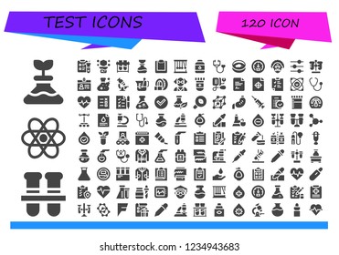 Vector icons pack of 120 filled test icons. Simple modern icons about  - Flask, Test tubes, Chemistry, Science, Chemical reaction, Clipboard, Momentum, Contact lens, Stethoscope, Petri dish