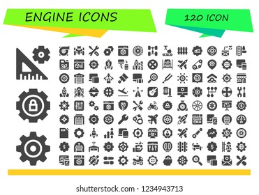 Vector icons pack of 120 filled engine icons. Simple modern icons about  - Settings, Turbo, Race car, Repair, Setting, Wheel, Chassis, Mechanical arm, Railway, Gear, Responsive, Suspension