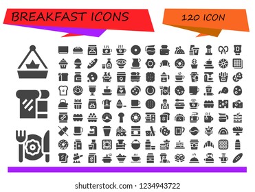 Vector icons pack of 120 filled breakfast icons. Simple modern icons about  - Pot, Breakfast, Bread, Soup, Food, Cup, Coffee, Donut, Coffee pot, Toaster, Taco, Paper cup, Pretzel, Ketchup