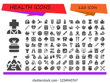 Vector icons pack of 120 filled health icons. Simple modern icons about  - Psychology, Ramp, Shaving brush, Gloves, Pepper, Blood, Lighter, Blood test, Bath, Eye dropper, Zen, Hair mask