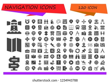 Vector icons pack of 120 filled navigation icons. Simple modern icons about  - Lighthouse, Direction, Map, Content, Location, Motorway, Binoculars, Arrow, Arroba, Web, Placeholder, Destination
