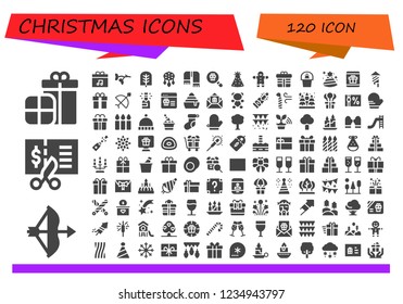 Vector icons pack of 120 filled christmas icons. Simple modern icons about  - Presents, Bow, Voucher, Present, Branch, Tree, Ornament, Scarf, Gift, Party hat, Gingerbread, Champagne, Fireworks