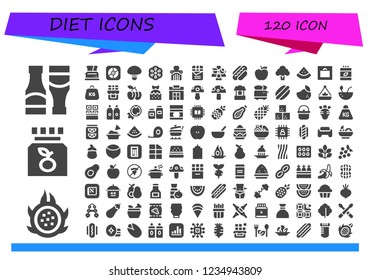 Vector icons pack of 120 filled diet icons. Simple modern icons about  - Sauces, Dragon fruit, Vitamin c, Toaster, Apple, Mushroom, Berry, Chocolate, Wellness, Hot dog, Broccoli, Watermelon