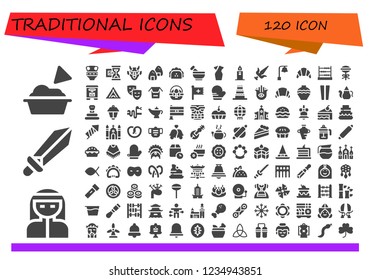 Vector icons pack of 120 filled traditional icons. Simple modern icons about  - Guacamole, Bedouin, Sword, Amphora, Hourglass, Hannya, Onigiri, Taco, Mortar, Cheongsam, Clock tower, Martial arts