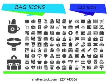 Vector icons pack of 120 filled bag icons. Simple modern icons about  - Pencil case, Briefcase, Collar, Baggage, Travel bag, Online shop, Money, Package, Store, Barcode, Shopping bag, Shopping cart