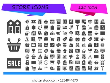 Vector icons pack of 120 filled store icons. Simple modern icons about  - Dressing room, Sale, Basket, Tag, Coupon, Jeans, Open, Package, Box, Lockers, Online shop, Sold, Receipt, Cashier