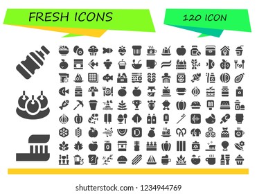 Vector icons pack of 120 filled fresh icons. Simple modern icons about  - Bottle, Toothbrush, Bitterballen, Salad, Boiled egg, Muffin, Fish, Strawberry, Toast, Cup, Jelly, Apple, Portable fridge