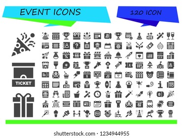 Vector icons pack of 120 filled event icons. Simple modern icons about  - Confetti, Gift, Ticket office, Party hat, Calendar, Trophy, Stage, Fireworks, Newspaper, Ticket, Magic, Wand, Champagne