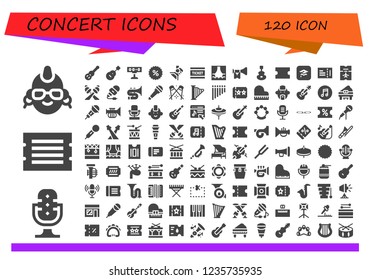 Vector icons pack of 120 filled concert icons. Simple modern icons about  - Punk, Microphone, Ticket, Guitar, Spotlight, Coupon, Stage, Trumpet, Instrument, Itunes, Trombone, Harp, Flute