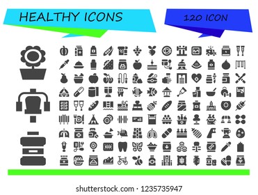 Vector icons pack of 120 filled healthy icons. Simple modern icons about  - Sunflower, Mouthwash, Gym station, Pepper, Milk, Toothpaste, Pea, Bread, Grapes, Turnip, Fish, Barbell, Electrocardiogram