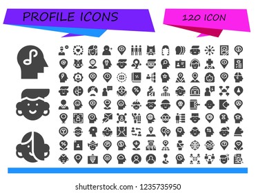 Vector icons pack of 120 filled profile icons. Simple modern icons about  - Mind, Avatar, Remove user, Group, Woman, Add user, Placeholder, Cat, Hairstyle, Heads, Networking, Portrait, ID