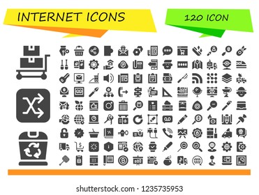 Vector icons pack of 120 filled internet icons. Simple modern icons about  - Trolley, Trash, Shuffle, Pen, Shopping basket, Share, Smartphone, Mail, Settings, Newspaper, Comment, Online shop