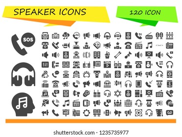 Vector icons pack of 120 filled speaker icons. Simple modern icons about  - Telephone, Music, Headphones, Radio, Loudspeaker, Call, Megaphone, Woofer, Classroom, Phone, Jazz, Phonograph