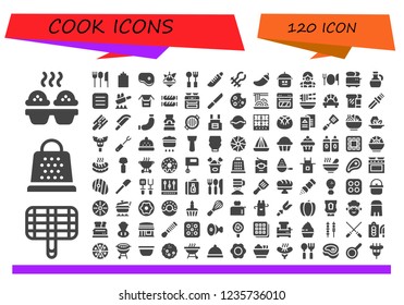Vector icons pack of 120 filled cook icons. Simple modern icons about  - Cupcake, Grill, Grater, Cutlery, Sauce, Steak, Pot, Knife, Tongs, Pepper, Waitress, Toaster, Olive oil, Menu, Fry