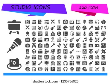 Vector icons pack of 120 filled studio icons. Simple modern icons about  - Canvas, Picture, Microphone, Photo camera, Clapperboard, Spotlight, Photos, Layout, Headphones, Vinyl, Image, Guitar