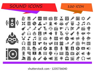 Vector icons pack of 120 filled sound icons. Simple modern icons about  - Speaker, Dvd, Punk, Metronome, Ipod, Flute, Record, Speakers, Recorder, Phonograph, Turntable, Microphone, Slider
