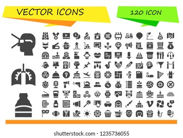 Vector icons pack of 120 filled vector icons. Simple modern icons about  - Virtual reality, Beer, Lungs, Dumbbell, Medal, Video, Money, Woman, Harddrive, Shuffle, Cpu, Truck, Location, Shower