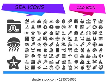 Vector icons pack of 120 filled sea icons. Simple modern icons about  - Worm, Starfish, Medusa, Ship, Swimming pool, Fish, Iceberg, Swim, Helm, Bait, Kite, Slippers, Coconut water, Lighthouse