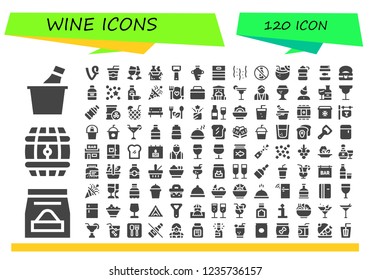 Vector icons pack of 120 filled wine icons. Simple modern icons about  - Champagne, Food, Barrel, Vine, Soda, Toast, Bottle opener, Amphora, Confetti, No alcohol, Coconut drink, Bottle