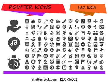 Vector icons pack of 120 filled pointer icons. Simple modern icons about  - Hand, Clock, Location, Gps, Time, Placeholder, Flag, Finger, Resize, Manual, Directions, Position, Sign Post