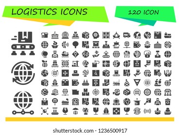 Vector icons pack of 120 filled logistics icons. Simple modern icons about  - Conveyor, World, Worldwide, Package, Container, Globe, Ship, Global, Warehouse, Fair ship, Shipping, Cargo ship