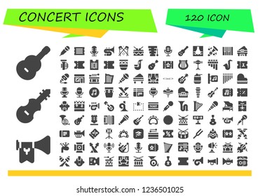 Vector icons pack of 120 filled concert icons. Simple modern icons about  - Guitar, Trumpet, Fiddle, Karaoke, Ticket, Microphone, Trombone, Spotlight, Drum, Xylophone, Stage, Piano, Tuba