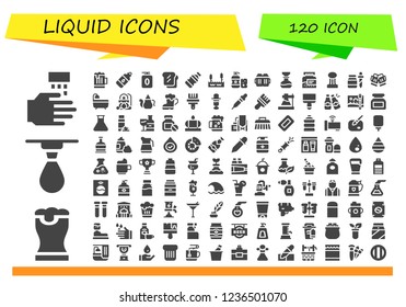 Vector icons pack of 120 filled liquid icons. Simple modern icons about  - WASHING HANDS, Beer, Drop, Bottle, Gel, Toast, Lake, Shampoo, Beers, Flask, Cup, Pipette, Bath, Cauldron, Teapot