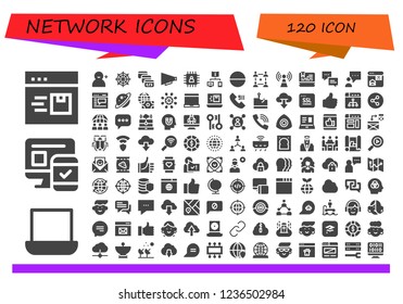 Vector icons pack of 120 filled network icons. Simple modern icons about  - Browser, Laptop, Responsive, Add user, Spider web, Browser window, Communication, Chip, Connection, Tablet, Community