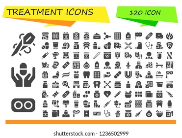 Vector icons pack of 120 filled treatment icons. Simple modern icons about  - Needle, Drugs, Pill, Pills, Medicine, Suppositories, Medical report, Gel, Hair mask, Blood, Shampoo, Eye mask, Bandage