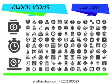 Vector icons pack of 120 filled clock icons. Simple modern icons about  - Smartwatch, Tea time, Stopwatch, Settings, Manager, Wall clock, Clock, Speedometer, Cogwheel, Time, Pendulum, Bells