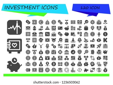 Vector icons pack of 120 filled investment icons. Simple modern icons about  - Stocks, Piggybank, Strongbox, Money, Safe box, Coin, Money bag, Bitcoin, Exchange, Growth, Statistics, Ingots
