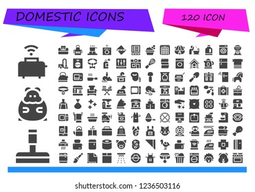 Vector icons pack of 120 filled domestic icons. Simple modern icons about  - Toaster, Glass cleaner, Hamster, Tissue, Apron, Cooker, Washing machine, Straighten, Refrigerator, Washbowl