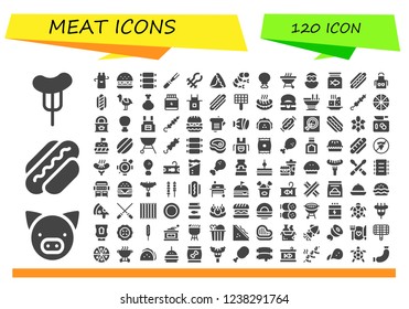 Vector icons pack of 120 filled meat icons. Simple modern icons about  - Sausage, Pig, Hot dog, Apron, Burger, Ribs, Meat, Tongs, Samosa, Shrimp, Chicken leg, Barbecue, Chick, Fish food