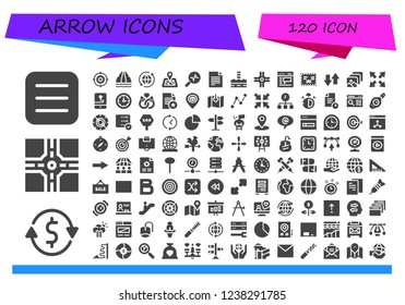 Vector icons pack of 120 filled arrow icons. Simple modern icons about  - Menu, Currency exchange, Crossroad, Target, Slide, Sync, Location pin, Stats, File, North pole, Browser, Mail, Transfer