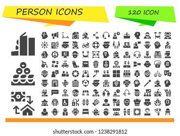 Vector icons pack of 120 filled person icons. Simple modern icons about  - Homeless, Mortgage, Friends, Human, Promotion, Scooter, Woman, Call center, Headset, Guard, Interview, Head, Bodyguard