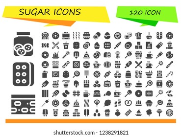 Vector icons pack of 120 filled sugar icons. Simple modern icons about  - Cookies, Nougat, Biscuit, Candy shop, Doughnut, Chocolate fudge, Candy, Macaron, Marshmallow, Chocolate, French press