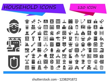 Vector icons pack of 120 filled household icons. Simple modern icons about  - Maid, Bidet, Sewing machine, Bucket, Ironing board, Clean, Hanger, Matchbox, Oven, Clothing hanger, Apartments