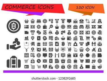 Vector icons pack of 120 filled commerce icons. Simple modern icons about  - Bitcoin, Bag, Money, Shopping basket, Store, Coin, Atm, Online shop, Profit, Bank, Currency, Warehouse, Gift card