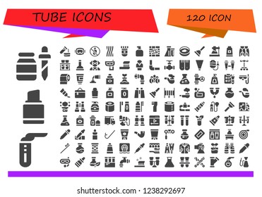 Vector icons pack of 120 filled tube icons. Simple modern icons about  - Pipette, Test tube, Lipstick, Diving mask, Aerosol, Liquorice, Blood test, Soap, Graffiti, Flask, Petri dish, Plunger