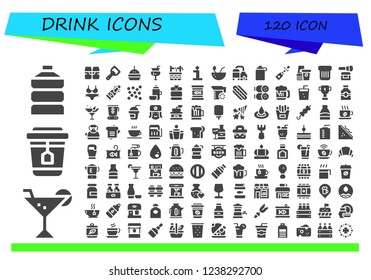 Vector icons pack of 120 filled drink icons. Simple modern icons about  - Water, Cocktail, Tea, Beer, Bottle opener, Burger, Water well, Birthday, Coconut, Isotonic, Champagne, Paper cup