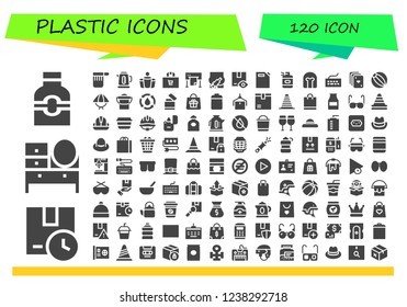 Vector icons pack of 120 filled plastic icons. Simple modern icons about  - Bottle, Package, Dressing table, Bag, Kettle, Beer pong, Shopping bag, Plotter, Injection, Gas can, Spray bottle