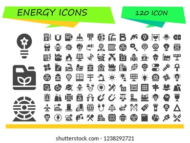 Vector icons pack of 120 filled energy icons. Simple modern icons about  - Idea, Hamster wheel, Gasoline, Eco fuel, Magnet, Fuel station, Oil pump, Lights, Battery, Factory, Bold, Gas station